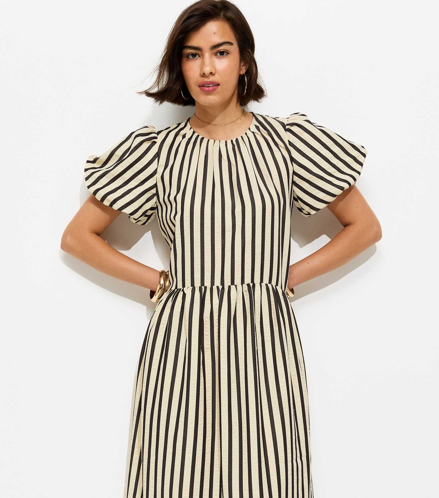Black Striped Drop Waist Puff Sleeve Midi Dress | New Look | New Look (UK)