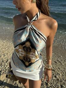 Airaco Women's New French Style Printed Halter Neck Camisole, Unique Design, Elegant Vintage Sati... | SHEIN