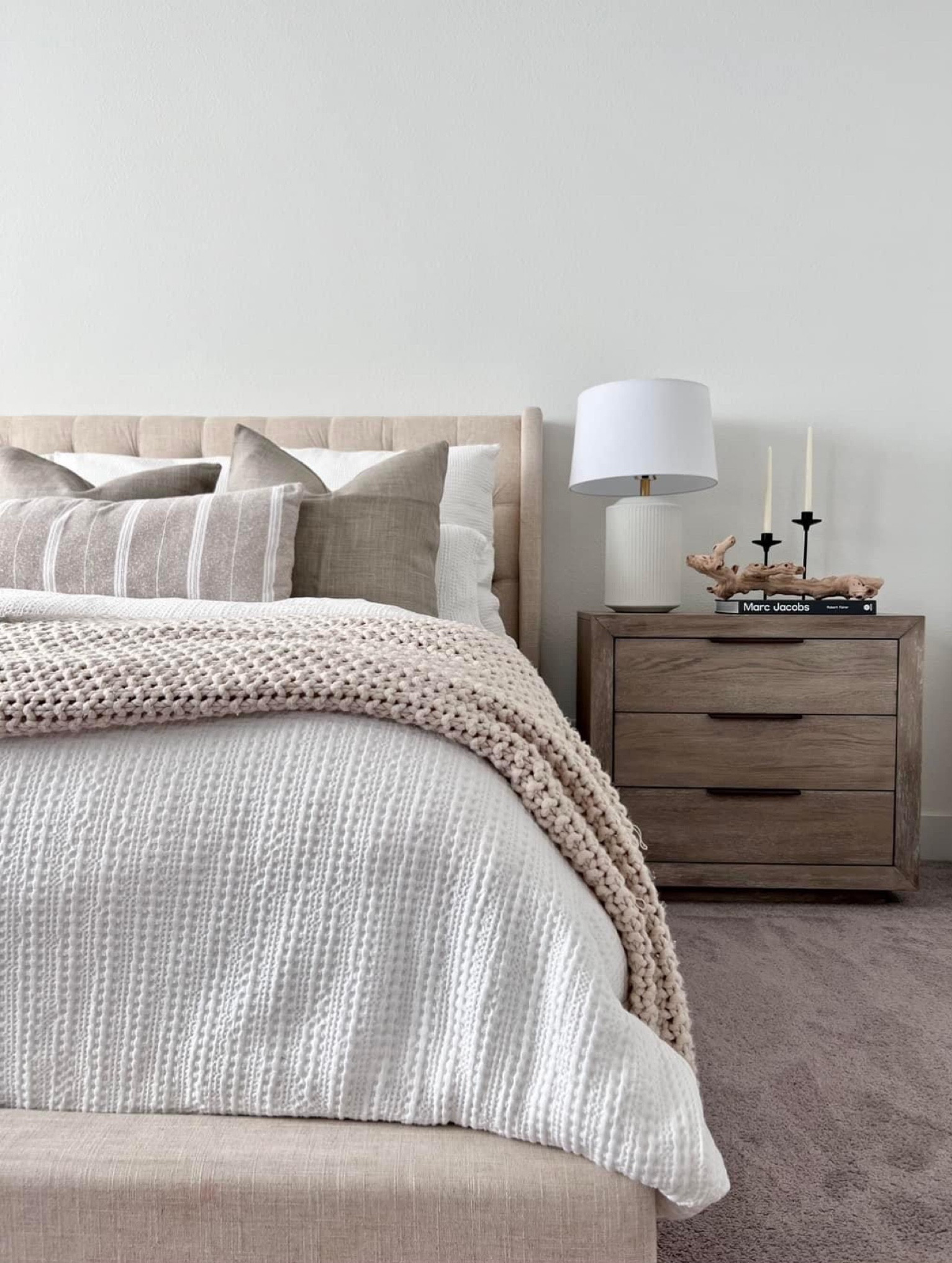 Neutral bedding. Neutral bed room decor. Bedding. Tufted bed. White bedding. Knitted blanket. Throw blanket  

#LTKhome #LTKFind #LTKstyletip