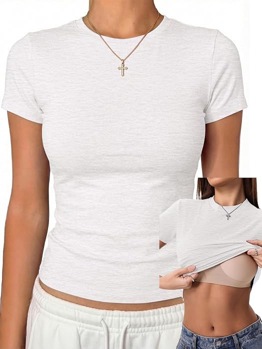 Danysu Nude Built in Bra Cotton Jersey T Shirt No See Through Stretchy Lightweight Fitted Everyda... | Amazon (US)