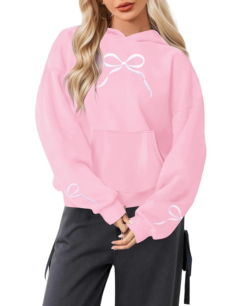 MAXIMGR Oversized Bow Trim Print Hoodies Embroidered Pink Bow Sweatshirt Coquette Sweater Drop Sh... | Amazon (US)