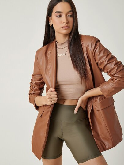 SHEIN Lapel Neck PU Leather Blazer | SHEIN