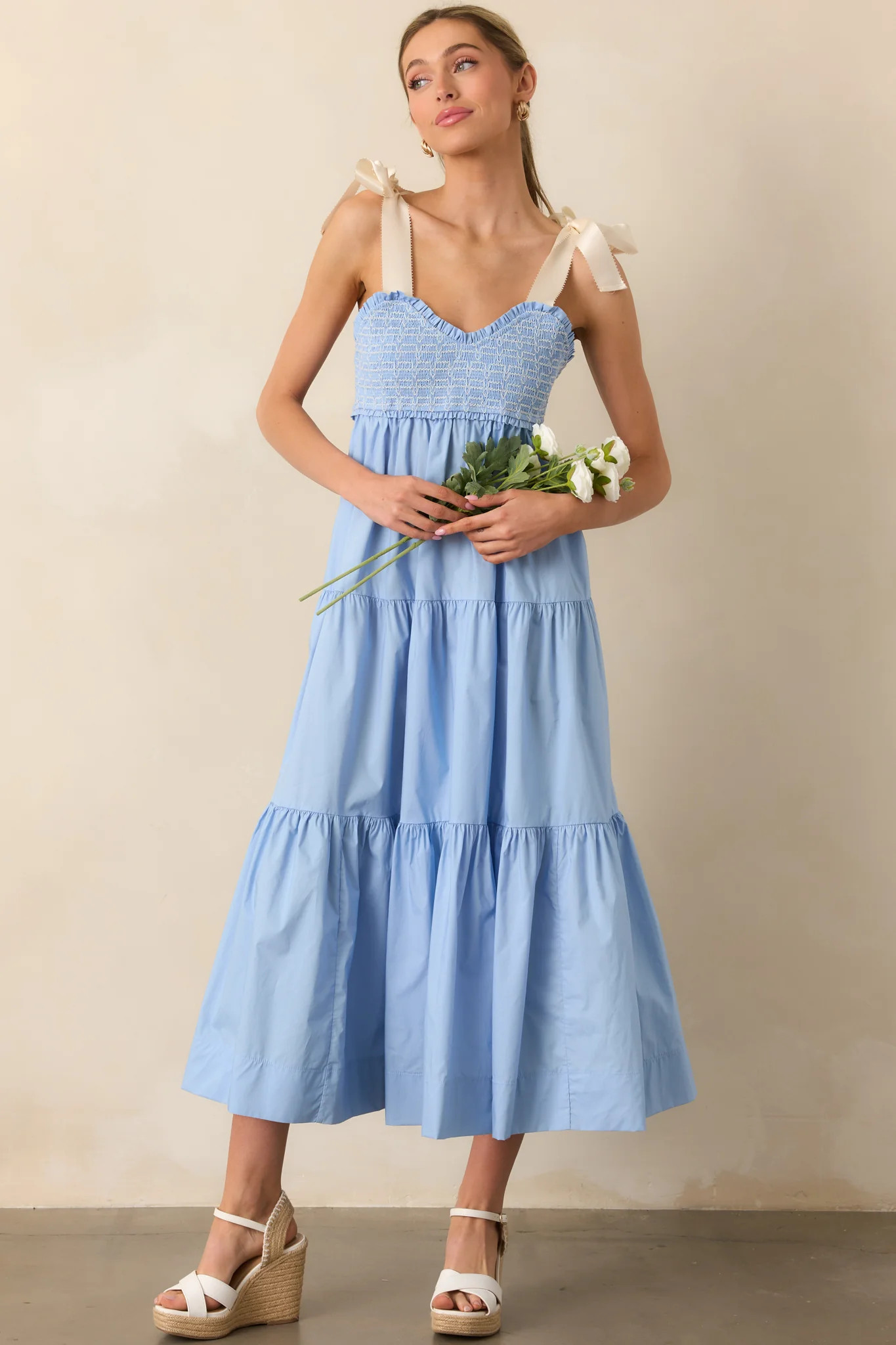The Felicity Light Blue Cotton Midi Dress, Summer Date Night Casual | Red Dress