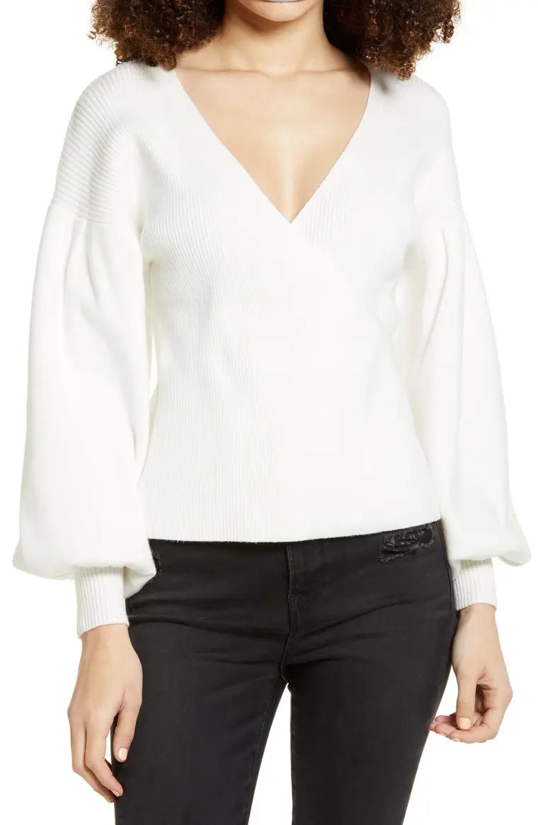 Rib Bishop Sleeve Surplice Ribbed Sweater | Nordstrom