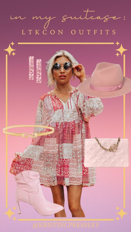 LTKCon outfit compilation. Texas chic. Fall outfit. Fall dress. Pink booties. Gold waist belt. Pink Crossbody. Pink earrings. Pink hat. Pink fall hat. Patchwork dress. Trending style. Fall style.

#LTKCon #LTKSeasonal #LTKstyletip