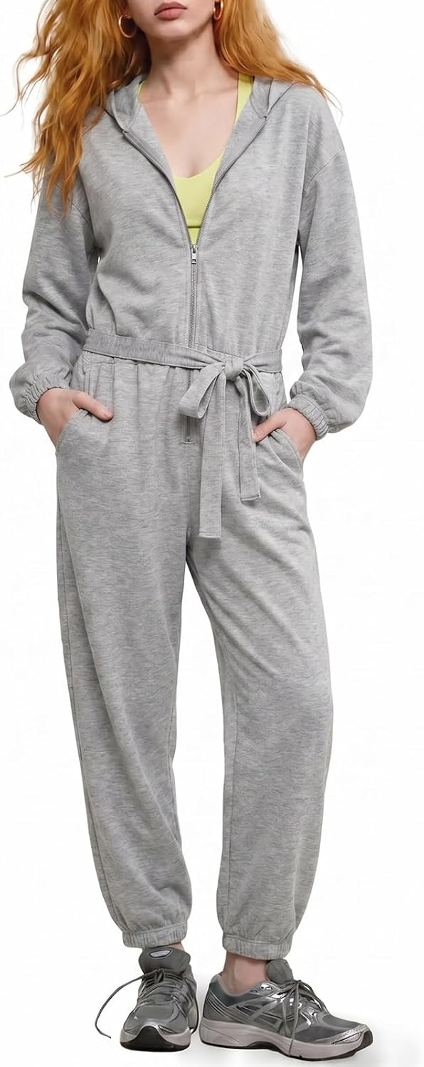 Fisoew Womens Long Sleeve Jumpsuits Tie Waist Zip Up Hoodie Sweatshirt Jogger Sweatpants Workout Loose One Piece Outfits | Amazon (US)