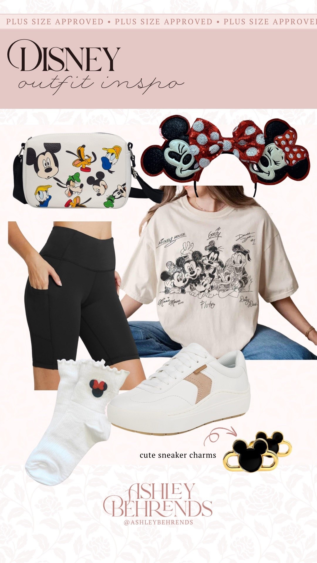 This Disney outfit is plus size approved, on trend and so comfortable! I love an oversized tee with biker shorts and these shoelace charms are so cute! I love that Mickey and Minnie are both on the ears and all the friends on the crossbody bag are adorable. 
Disney outfit inspo, classic Disney outfit inspo 

#LTKPlusSize #LTKSeasonal #LTKTravel