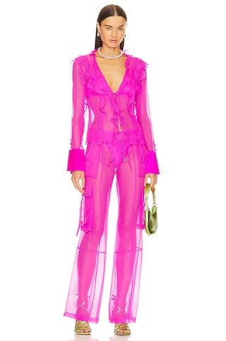 Viviane Silk Pant in Neon Pink Sheer Pants Pink Pants Outfit Pink Pant Set Vacation Pants | Revolve Clothing (Global)