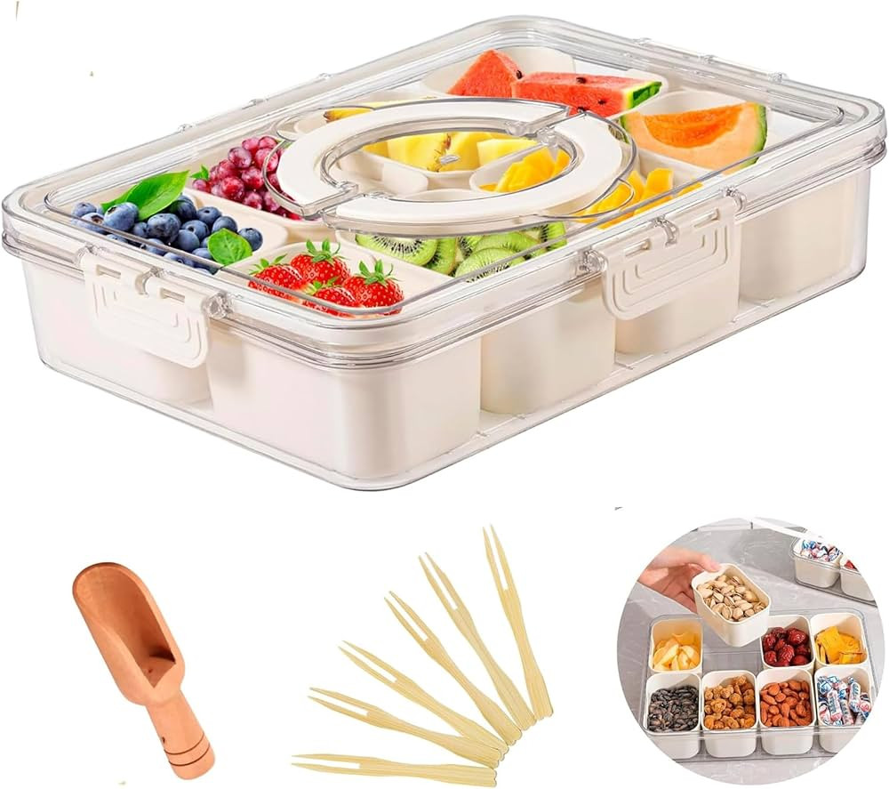 Snackle Box Container - Divided Serving Tray with Lid and Handle with (1 Wooden Spoon & Mini Bamb... | Amazon (US)