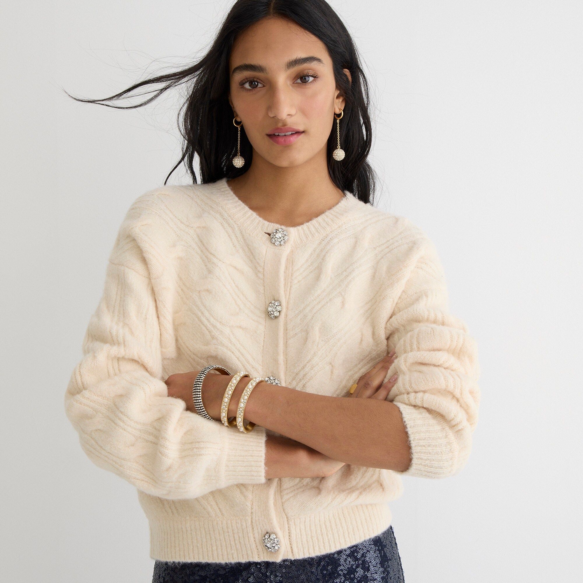 Cable-knit cardigan sweater with jewel buttons | J.Crew US
