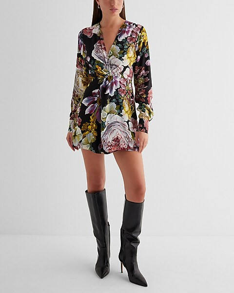 Floral V-Neck Long Sleeve Twist Front Romper | Express