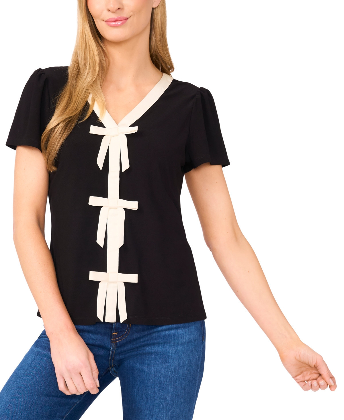 CeCe Women's Bow Front Short Sleeve Top - Rich Black/White | Macy's