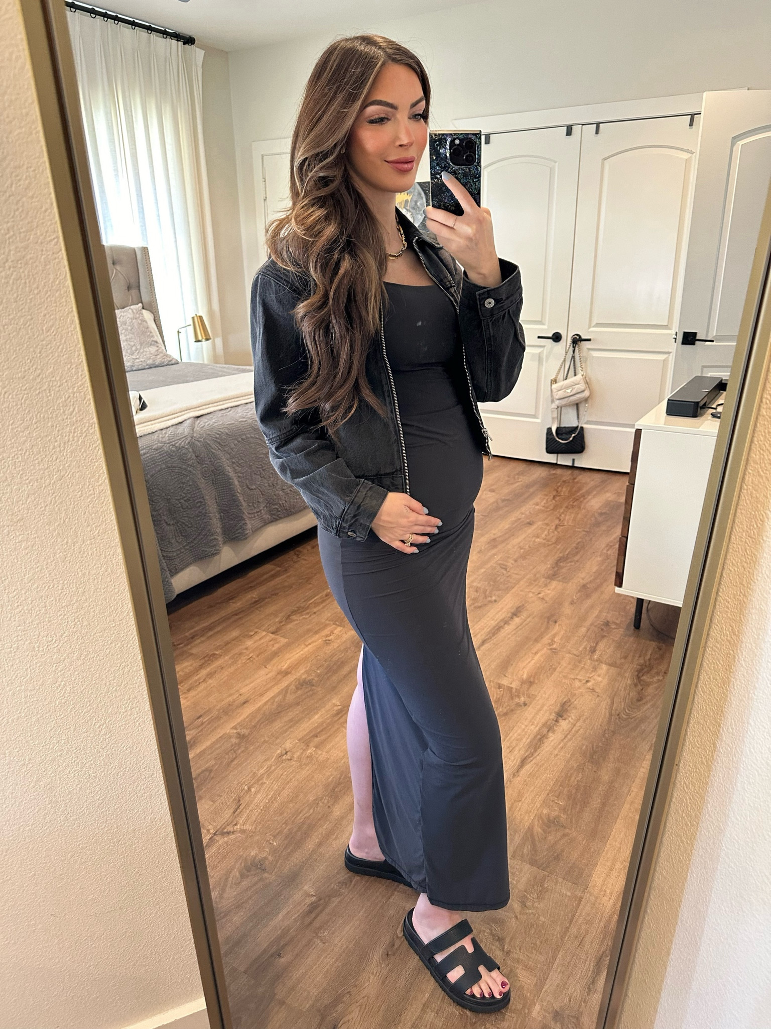 Loving this Skims maternity dress paired with a denim jacket and these cute sandals from VICI. I couldn’t find them anymore, but found similar at Target. Wearing a size small in the dress and the jacket. Grab a light colored bag for a pop of color! 

#LTKbump #LTKfindsunder100 #LTKshoecrush