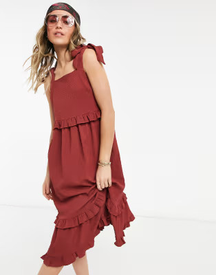 ASOS DESIGN textured ruffle swing midi sundress with tie straps in rust | ASOS (Global)