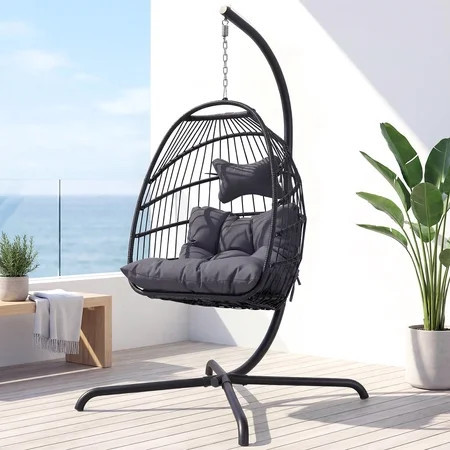 RADIATA Outdoor Foldable Hanging Egg Chair with Stand, PE Wicker Swing Chair with Cushion and Headrest, 350 lbs Capacity,Dark Gray | Walmart (US)