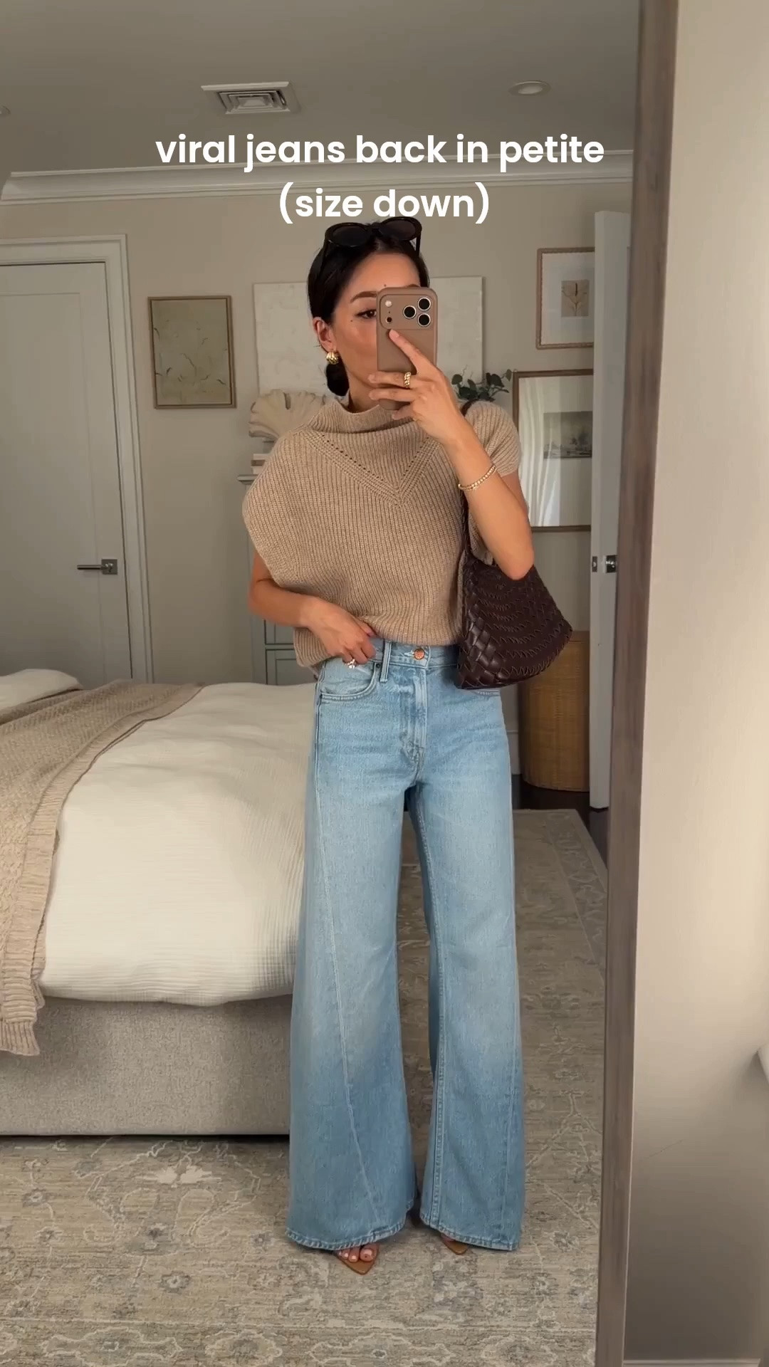 Size down! • Mother size 23 Petite in “munchies” wash (loose fit so I sized down)
• Cashmere poncho sweater vest xxs looser fit worn with neiwai bra or cami 
• Woven shoulder bag  
• Mango sandal heels 5 

Petite friendly jeans, petite fashion, transitional outfit

#LTKPetite #LTKootd #LTKmomlife