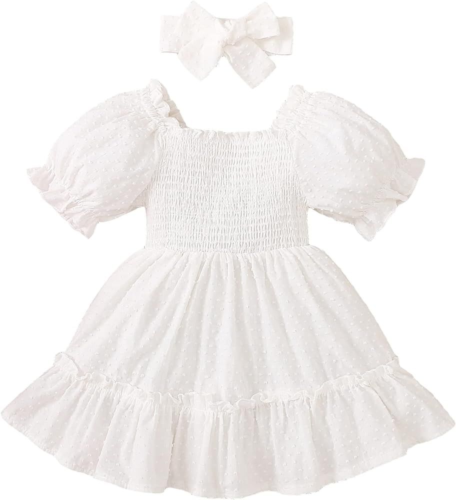 Noubeau Toddler Baby Girl Dress Short Puff Sleeve Swiss Dot Dress Kid Solid Ruffle Dress+Headband Sp | Amazon (US)