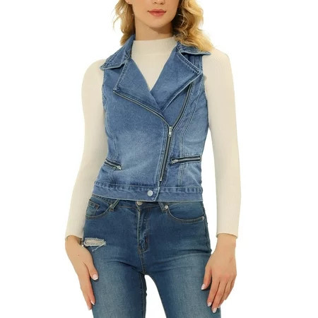 Unique Bargains Women s Notched Lapel Asymmetrical Zip Up Sleeveless Denim Vest Jacket | Walmart (US)