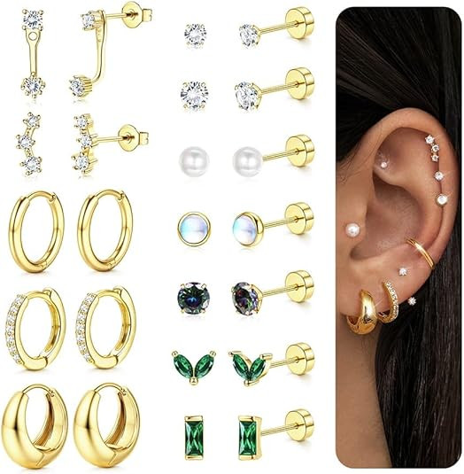 BESTEEL Hypoallergenic Flat Back Earrings - 14K Gold Cartilage Earring Sets for Multiple Piercing... | Amazon (US)