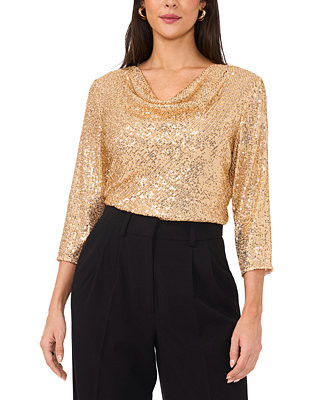 Women's Sequined Cowlneck 3/4-Sleeve Top | Macy's