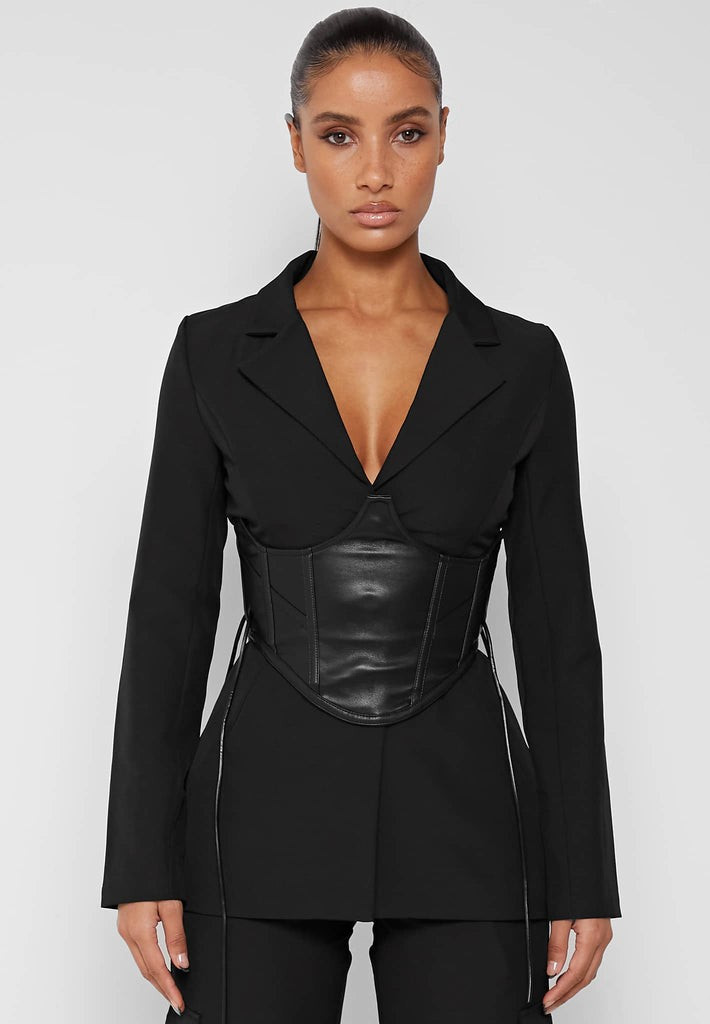 Blazer with Vegan Leather Corset - Black | Maniere De Voir