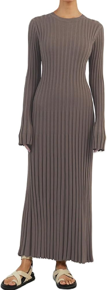 Women Ribbed Knit Maxi Dress Bell Long Sleeve Pleated Bodycon Long Dress Slim Fit Y2K Sweater Dre... | Amazon (CA)