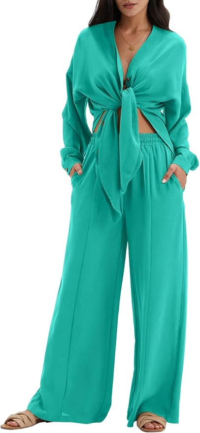 DEEP SELF Womens 2 Piece Outfits Casual Long Sleeve Slit Hem Button Down Shirt Wide Leg Long Pant... | Amazon (US)