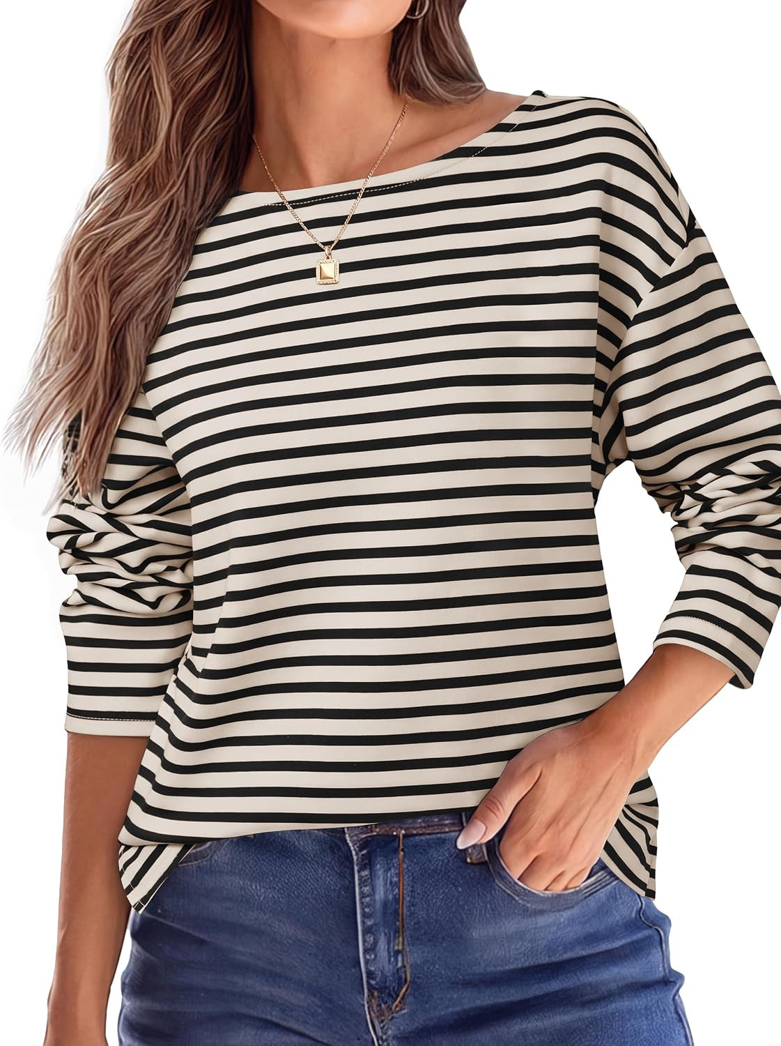 Glamaker Womens Striped Boat Neck Shirt Long Sleeve Relaxed Fit Casual Tops | Amazon (US)