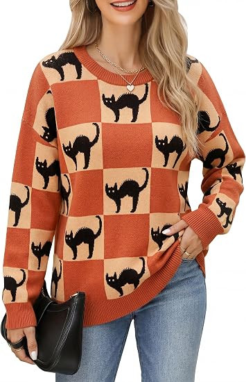 Halloween Sweaters for Women Ugly Halloween Black Cat Knit Pullover Tops | Halloween Cat Graphic ... | Amazon (US)