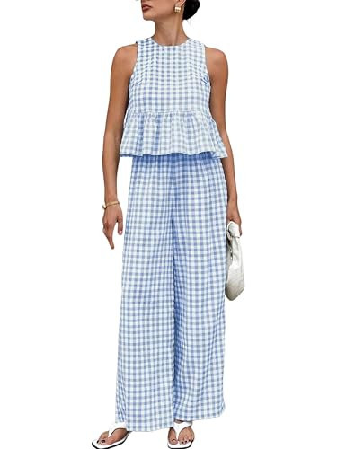 Amazon.com: VATEAMI Womens 2 Piece Outfits Sets Gingham Plaid Sleeveless Ruffle Tank Tops and Wid... | Amazon (US)