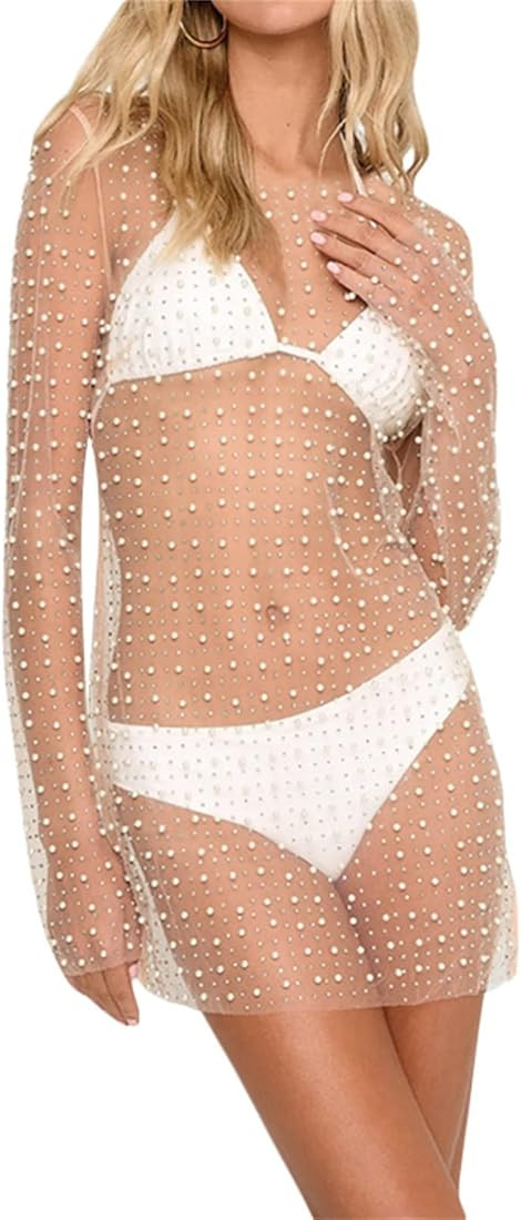 Chloefairy Women's Rhinestone Sheer Mini Dress Sexy See Through Mesh Pearl Cover Ups for Swimwear... | Amazon (US)