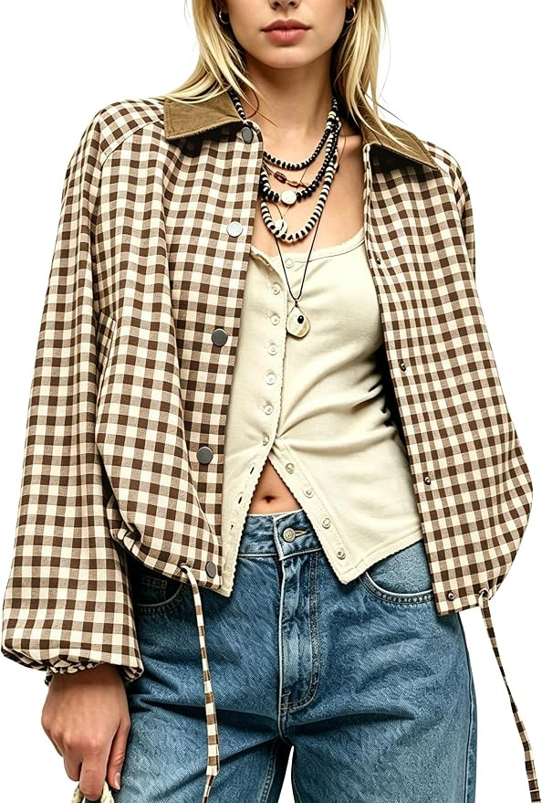 Women Gingham Jacket Corduroy Collar Shacket | Amazon (US)