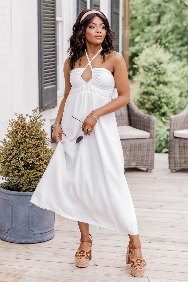 Island Fever White Halter Maxi Dress | Pink Lily