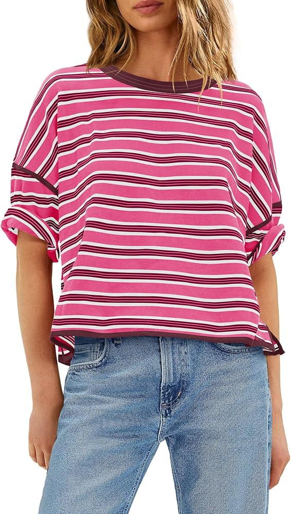 Panadila Womens Striped Shirt Short Sleeve Tops Summer Casual Oversized Tshirts Crew Neck Boxy Te... | Amazon (US)