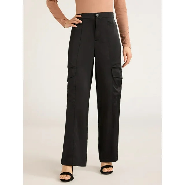 Sofia Jeans Women's Cargo Wide Leg High Rise Satin Pants, 30" Inseam, Sizes XS-XXL | Walmart (US)