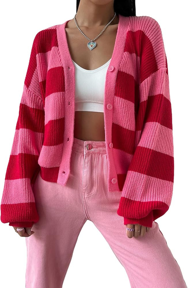 MakeMeChic Women's Color Block Striped Lantern Sleeve Button Down Cardigan Sweater | Amazon (US)