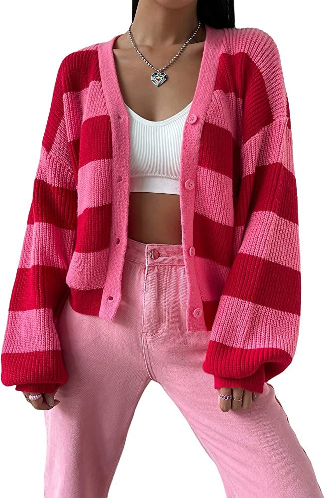 MakeMeChic Women's Color Block Striped Lantern Sleeve Button Down Cardigan Sweater | Amazon (US)