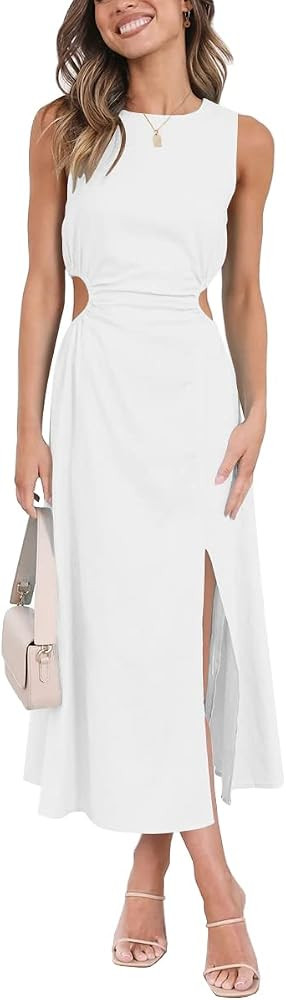 LILLUSORY Womens Cutout Split Linen Cotton Sleeveless Slit Maxi Dress | Amazon (US)