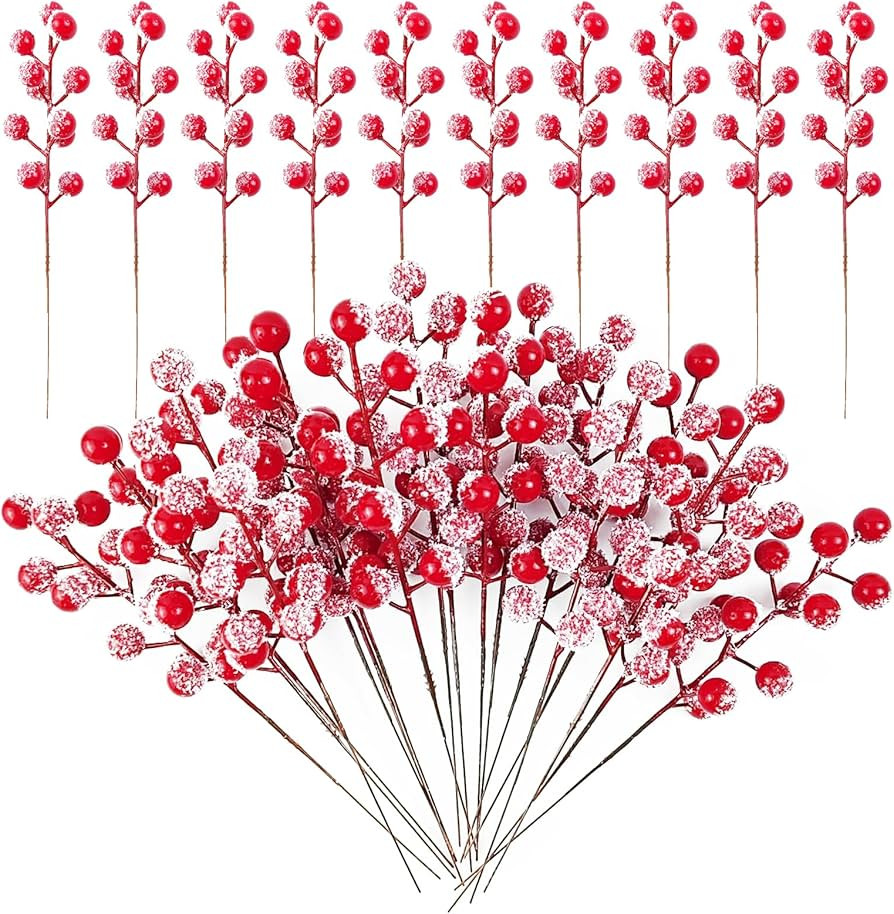 RONYOUNG 32PCS 9" Artificial Holly Berry Stems Christmas Berry Picks Sprays Snowy Fake Red Berrie... | Amazon (US)