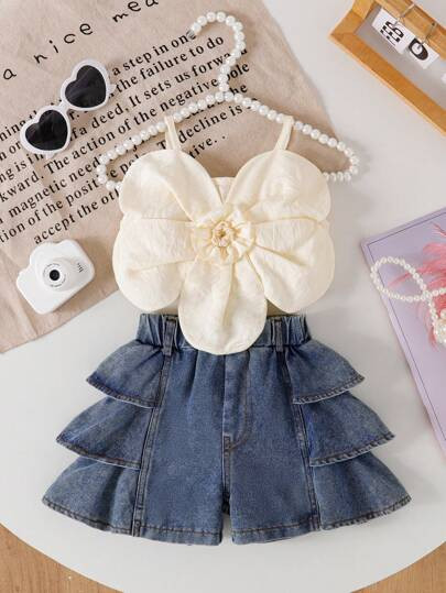 SHEIN Playful Pals 2-Piece Set For Baby Girls With Large Flower Suspenders And Solid Color Tops W... | SHEIN