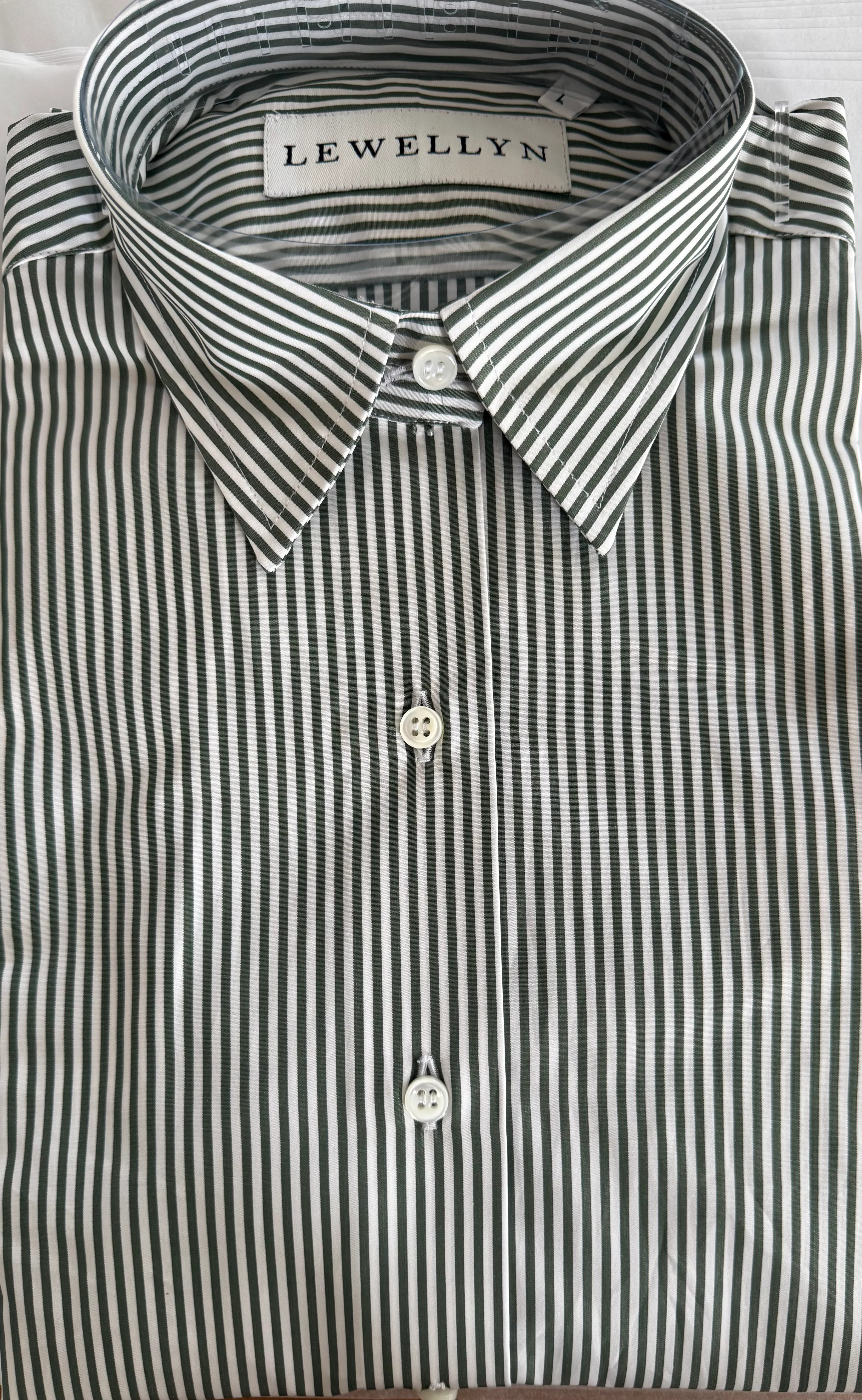 Jackie button down in hunter green stripe. | Lewellyn