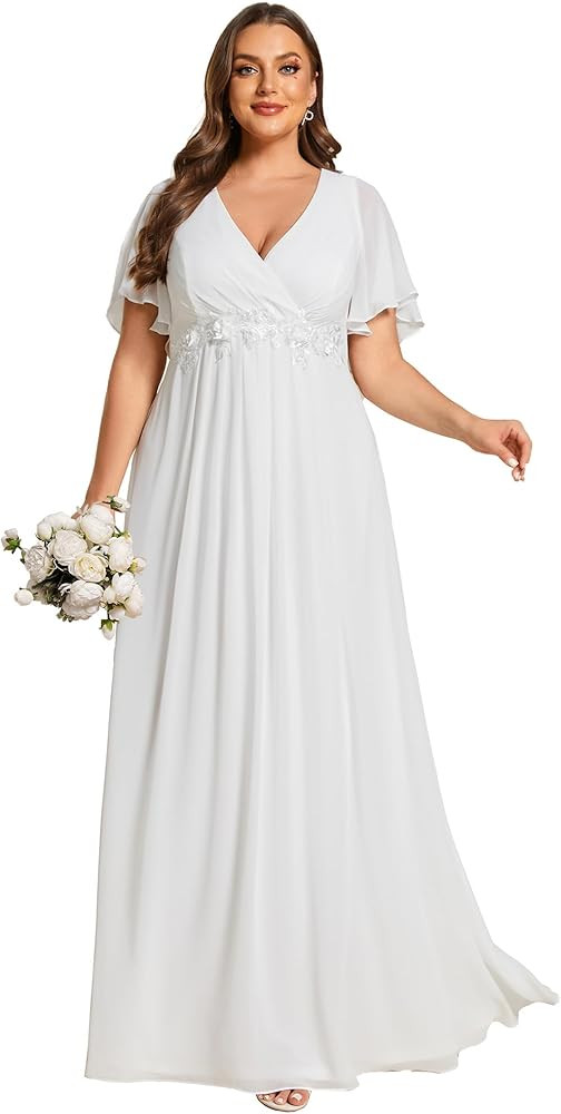 Ever-Pretty Women's Chiffon V Neck Short Sleeves Appliques Plus Size Dresses for Curvy Women Form... | Amazon (US)