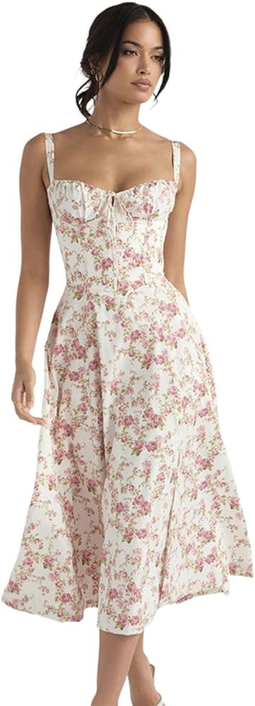 Floral Bustier Midriff Waist Shaper Dress, Print Bustier Sundress Sundresses for Women Slit Long ... | Amazon (US)