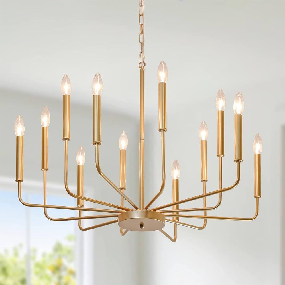 Gold Farmhouse Chandelier, Industrial Metal 12-Light Candle Chandeliers, Rustic Pendant Lighting ... | Amazon (US)