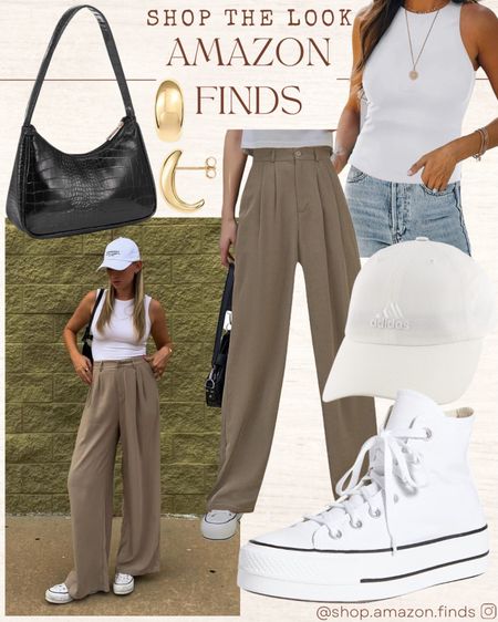 Pinterest inspired look! High, waisted trousers, comfy white tank, all completed with high top Converse, and a white baseball cap! This look is a go to for the spring and summer.

#LTKFind #LTKstyletip #LTKitbag