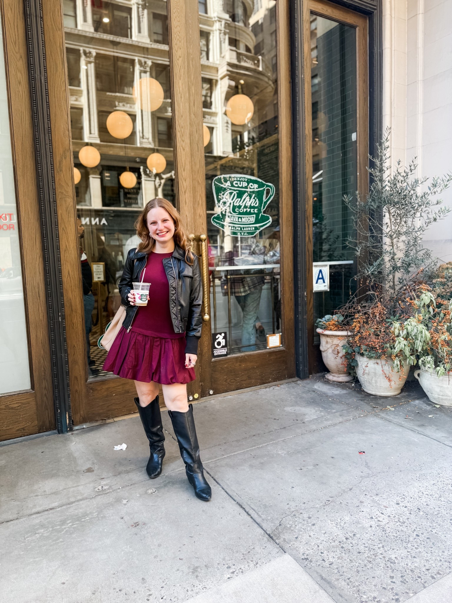 Leather jacket and a fall dress is one of my favorite combinations. This cute bubble hem dress is flattering and non-clingy—also has short sleeves, which is perfect for in-between fall layering! Wearing an XS.
