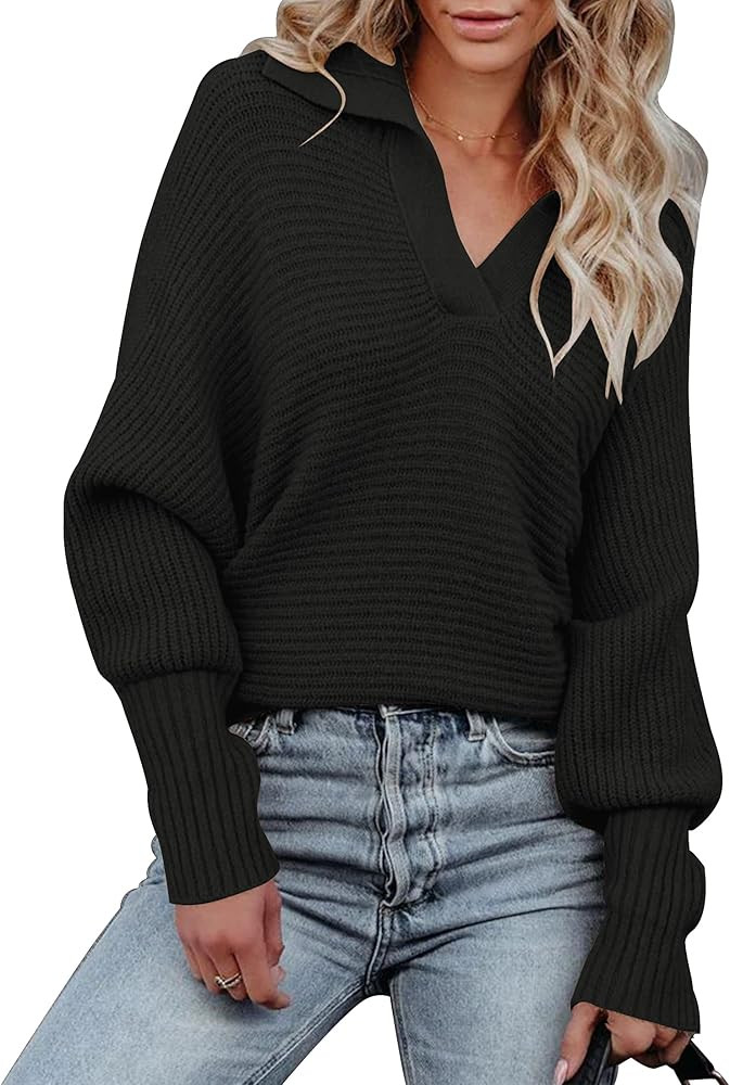 MEROKEETY Women's Batwing Long Sleeve V Neck Pullover Sweaters Foldover Collared Casual Knit Jump... | Amazon (US)