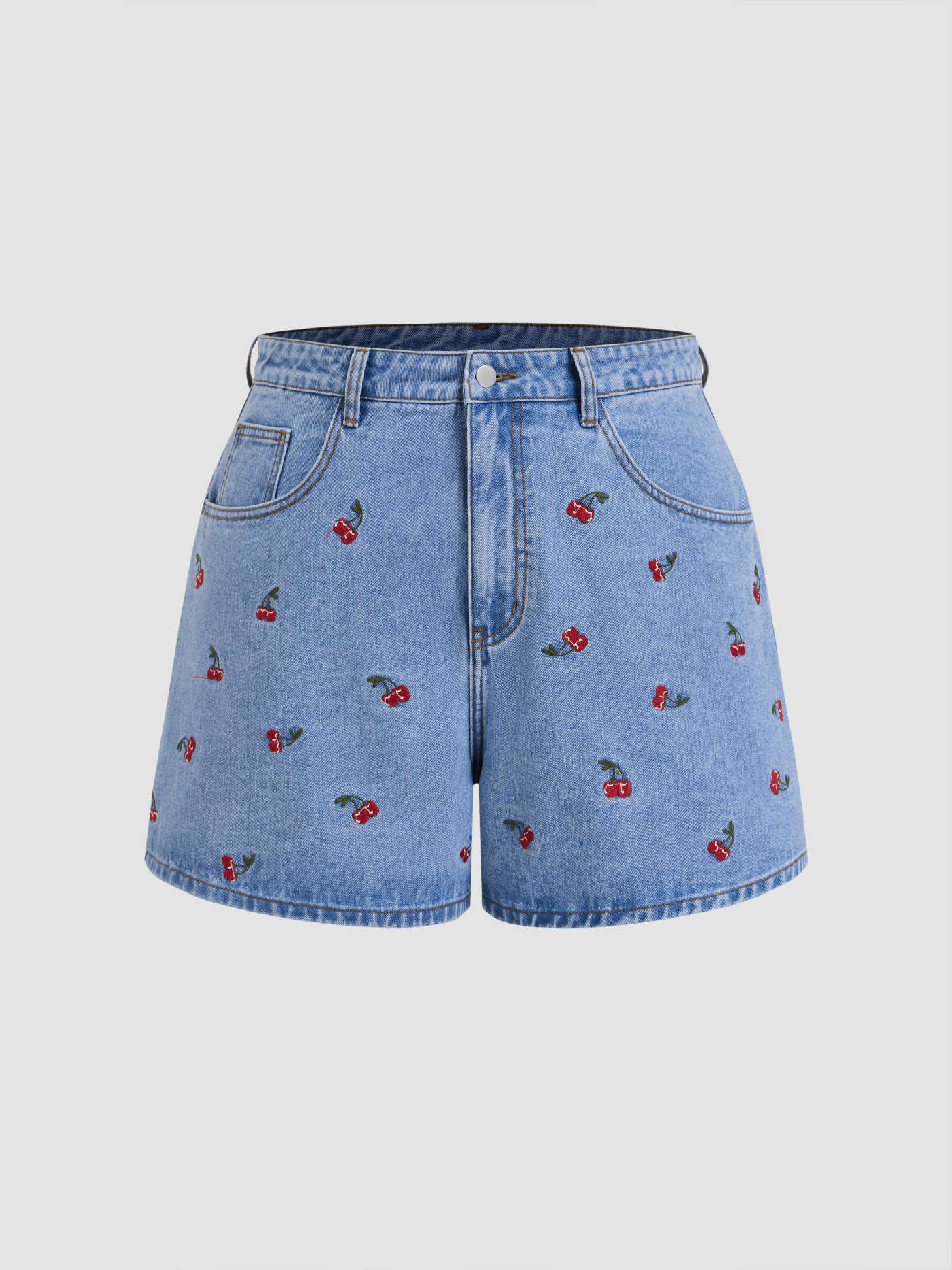 Denim Cider Denim Mid Rise Cherry Embroidery Shorts Curve & Plus For Picnic Vacation | Cider