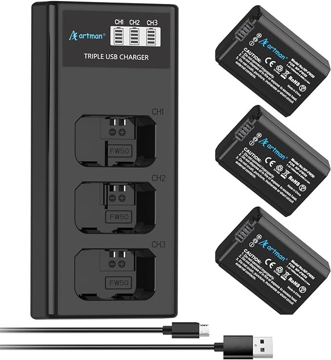 Artman 3-Pack NP-FW50 Battery and Upgraded 3-Slot LCD Charger Compatible with Sony ZV-E10, Alpha ... | Amazon (US)