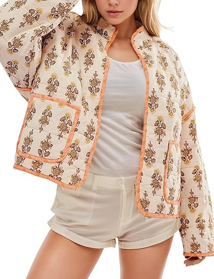 YKR Women's Cropped Puffer Jacket Floral Print Quilted Puffer Jackets Open Front Lightweight Shor... | Amazon (US)